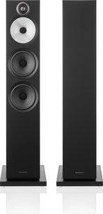 Bowers & Wilkins 603 S3 sorte gulvhøjtalere, set forfra, 3 synlige højttalere på hver højttaler
