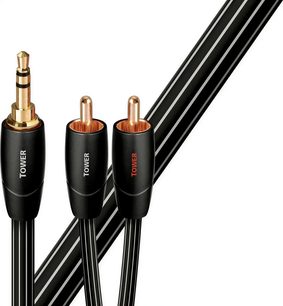 Trei cabluri audio RCA negre Audioquest Tower de 5m, cu conectori auriți, aranjate paralel pe un fundal alb