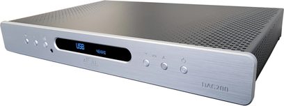 Convertitore audio DAC Atoll DAC200 Signature argento, vista frontale, facciata in alluminio spazzolato, display blu, 4 pulsanti