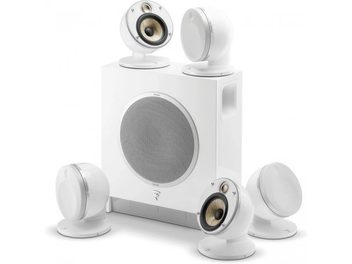 Focal Pack Dôme Flax 5.1 compact speaker pack in white, 5 white spherical speakers with visible gray speaker drivers