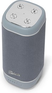 Tragbarer Bluetooth-Lautsprecher Roberts Reunion in Himmelblau, Stoffgitter, gebürstete Metalloberseite mit 4 Tasten, Dreiviertelansicht