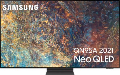 Samsung QN95A QLED 2021-TV som viser et abstrakt bilde med livlige og dynamiske farger
