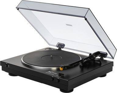 Platine vinyles hi-fi Dual CS 329 noire, châssis noir mat avec plateau métallique argenté et couvercle antipoussière transparent ouvert, vue en trois-quarts avant