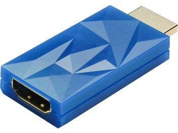 Conditionator de rețea iFi Audio HDMI iSilencer, conector HDMI masculin auriu, carcasă albastră cu motive geometrice, vedere în perspectivă