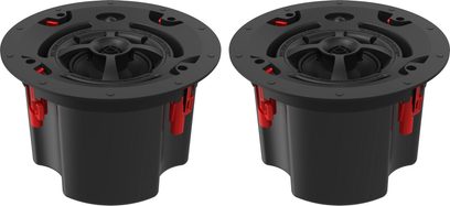 Indbygningshøjttalere til loft Klipsch PIC-450-T BW, set ovenfra, cirkulær form, sort kabinet, synlige røde fastgørelser