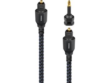 Audioquest Vodka optical digital cable, 0.75 m, black and blue synthetic fiber braided sleeve, black plastic ends with gold-plated Toslink connectors and mini-Toslink adapter, front view