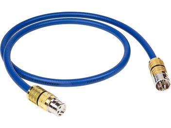 Blaues digitales Audiokabel Cardas Clear Digital AES/EBU mit vergoldeten und versilberten XLR-Steckern in schräger Ansicht