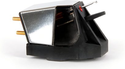 Phono-element voor platenspeler, zwart en zilver, zijaanzicht met naald en vergulde connectoren