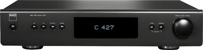 Sintonizador NAD C 427 negro, panel frontal con pantalla azul, 6 botones y rueda de control, vista frontal