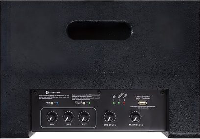 Чорна акустична система ArtSound PWR12, вигляд ззаду, панель керування Bluetooth з ручками мікрофону, лінійного входу, AUX та гучності