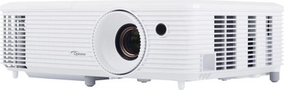 Optoma HD27 hvid videoprojektor, let skråt forfra, linsen forskudt mod højre, ventilationsriste