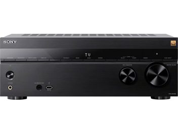 Sony TA-AN1000 hjemmebiografforstærker, set forfra, sort finish, cirkulære knapper, hovedtelefon- og USB-porte, centralt display