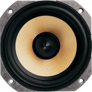 Bowers & Wilkins XTC-centerhøjttaler, set forfra, sort rundt højttaler i midten af en gylden honningkammegitter