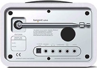Hvid og sort Tangent Duo bordradio set forfra med knapper, drejeknap, skærm, højttaler og teleskopantenne