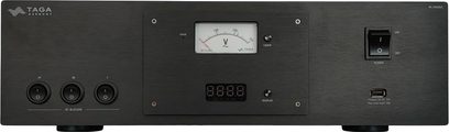 Taga Harmony PC-9000DC juodas tinklo kondicionierius su stačiakampe priekine dalimi, 3 lizdais, pažymėtais I, II, III, ekranu, jungikliu ir USB prievadu