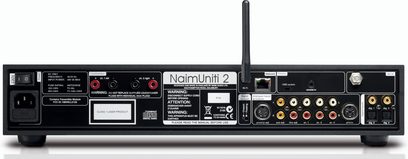 Naim Uniti2, integrated audio system, black front panel with LCD screen, buttons, knobs, USB ports and CD player, front view