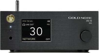 Gold Note DS-10 EVO svart nettverksmusiккavspiller med skjerm som viser "30", dreiefelt, antenne og flere porter på frontpanelet