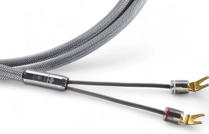 reproduktorový kabel Siltech Explorer180L SSP HP 2×2,5 m se šedým pleteným opletem, Y-split, pozlacené kovové vidličky, červený kroužek