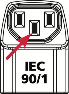 Zásuvka IEC samec v pravém úhlu 90° v černém obdélníkovém rámečku s červenou šipkou směřující ke konektoru