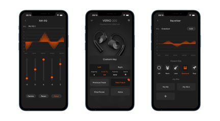 Trois écrans de smartphone affichant des interfaces d'égaliseur audio avec graphiques d'ondes et options de personnalisation