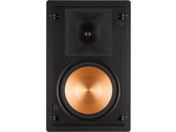 Altavoz empotrable Klipsch PRO-180-RPW negro, vista frontal, altavoz naranja en el centro rodeado de un marco negro cuadrado con 4 tornillos de montaje en las esquinas