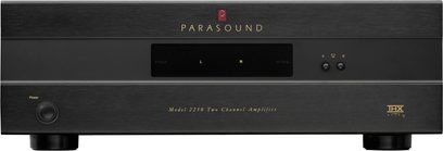 Parasound 2250 sort forstærker, frontpanel, frontvisning, digitalt display, knapper og stik på frontpanelet