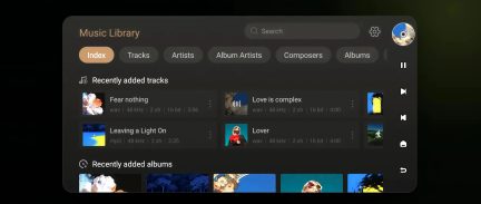 Dark music library interface, Index tab with recently added tracks and albums