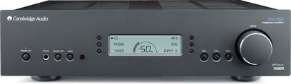 Cambridge Audio Azur 740A sort hi-fi stereforstærker, frontvisning, LCD-display, knapper og drejeknap på frontpanelet