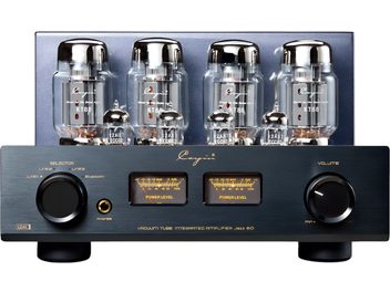 Cayin Jazz 80 KT88 schwarzer Stereo-Röhren-Vollverstärker, Gehäuse aus gebürstetem Metall, Frontansicht mit zwei großen schwarzen Drehknöpfen, zwei orange hinterleuchteten VU-Metern und acht sichtbaren Röhren