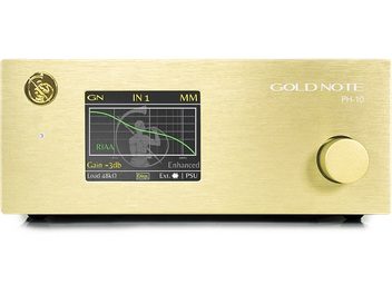 Gold Note PH-10 Phono-Vorverstärker in Gold mit grafischer Anzeige, Drehknopf und Anschlüssen an der Vorderseite