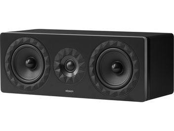 Cassa centrale Elipson Prestige Facet II 11C nera, con cabinet rettangolare a finitura opaca, vista frontale leggermente angolata, dotata di due altoparlanti woofer-midrange laterali e un tweeter centrale circondati da anelli con faccette triangolari