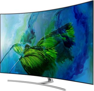 Samsung QE75Q8C buet TV, blå skærm med grønt bladmønster, smal sølvfarvet ramme, centralt metalben