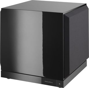 Bowers & Wilkins DB2D sort lakeret subwoofer, set forfra i perspektiv, kubisk form, højglans sort lakeret finish