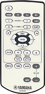 Black Yamaha remote control with gray buttons for controlling the functions of a mini hi-fi system, front view