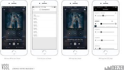 Fire skjermdumper av en mobil lydavspiller-app som viser coverbildet for et album kalt "Something Just Like This" og alternativer for kontroll og soning