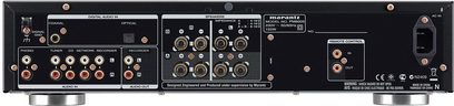 Marantz PM6005 Stereo-Hi-Fi-Verstärker in silberner Goldfarbe, Rückansicht, analoge und digitale Audioanschlüsse, Buchsen und Netzschalter