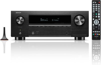 Denon AVC-X3800H schwarzer Heimkino-Verstärker, Frontansicht, mit Display, Tasten, Reglern und Anschlüssen an der Vorderseite