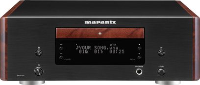 Marantz HD-CD1 sort CD-afspiller, frontvisning, blåt digitalt display, træfacade, sølvfarvede knapper og stik