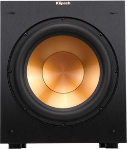 Klipsch R-12SW schwarzer Subwoofer, Frontansicht, runder orangefarbener Lautsprecher in der Mitte, umgeben von einem matten schwarzen Rahmen