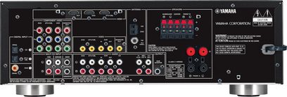 Yamaha RX-V365 hjemmebiograf-forstærker, bagside, audio/video-tilslutninger, højttalerstik, FM-antenne, strømstik