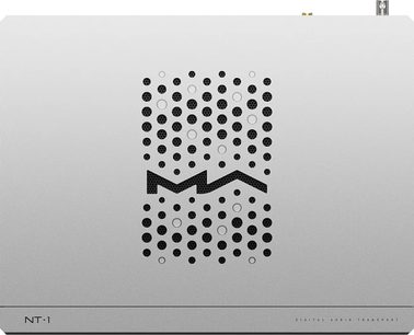 Transport audio numérique Matrix Audio NT‑1 gris argent en aluminium sablé, vue de dessus, face supérieure ornée d’une large grille circulaire à motif « M » noir et sérigraphies discrètes en bas du panneau