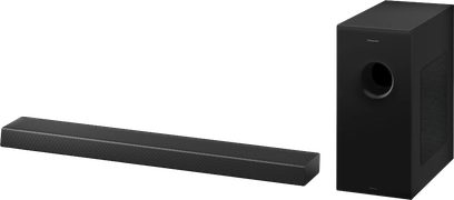 Panasonic SC-HTB600EG sort soundbar, mat sort, set forfra og fra siden, med rektangulært mat sort basrør