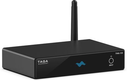 Taga Harmony TWA-10B sort netværksaudioafspiller, frontvisning, rektangulær form, minimalistisk front med blåt logo og jackstik
