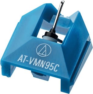 Diamant til pladespiller AT-VMN95C, blå vinklet struktur, fin metalspids, set i let frøperspektiv