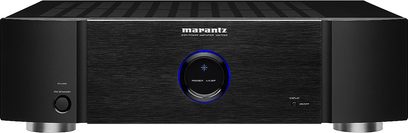 Parte frontale dell'amplificatore hi-fi Marantz MM7025 nero, con pulsante blu illuminato, logo bianco, sobrio ed elegante