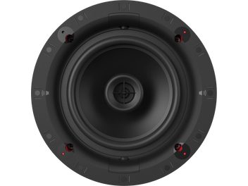 Klipsch DS-180-CDT Sky Hook innfelt høyttaler, frontvisning, sirkulær form, svart senterkanalhøyttaler, 4 røde festeanordninger på den matte svarte kanten