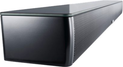 Černý lakovaný soundbar Canton Smart Soundbar 9 S2, pohled zešikma, čelní kovová mřížka a skleněný horní panel