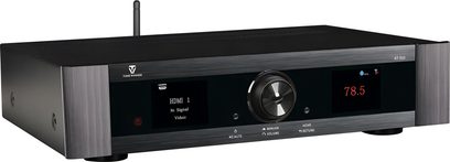 Tonewinner AT-500 sort hjemmebio-forforstærker, front i børstet aluminium, dobbelt digitalt display, stor central knap