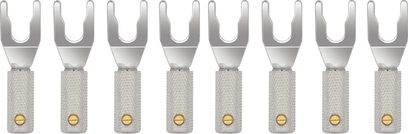 Capicorda a forcella Wireworld Uni-Term in argento, set di 8 connettori audio argentati con impugnatura zigrinata e vite dorata