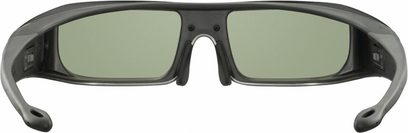 Aktivní 3D brýle Sony TDG-BR100B černé, pohled zepředu. Obdélníkové tmavě zelené čočky, silný matně černý plastový rámeček